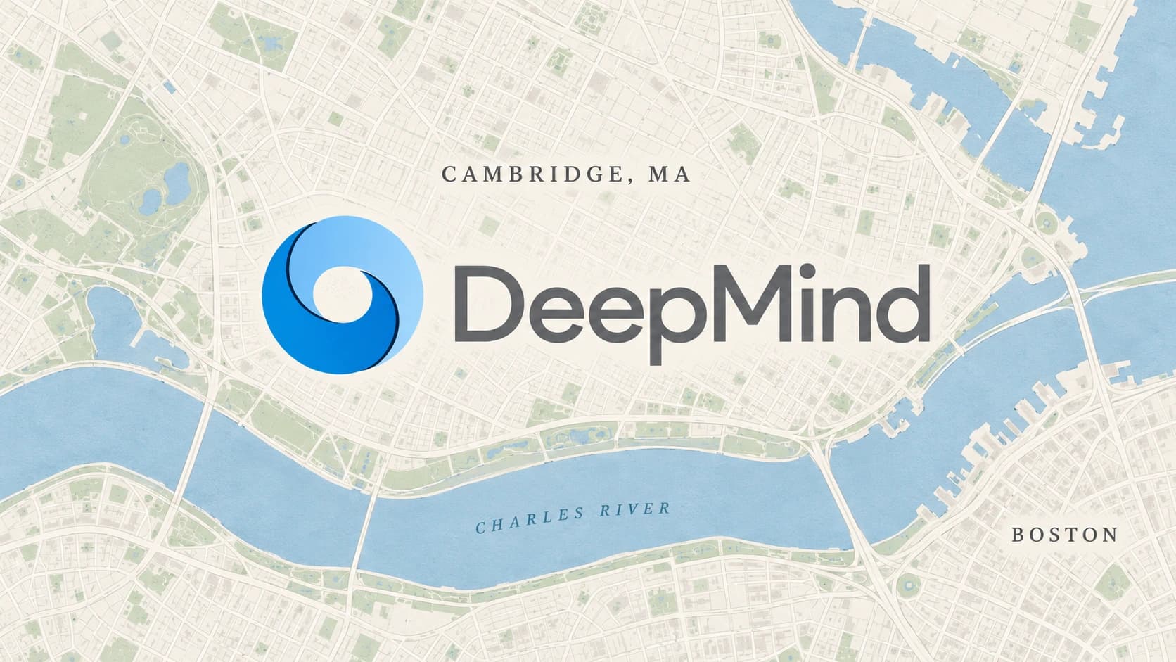DeepMind logo over a stylized map of Cambridge, Massachusetts, and the Charles River.