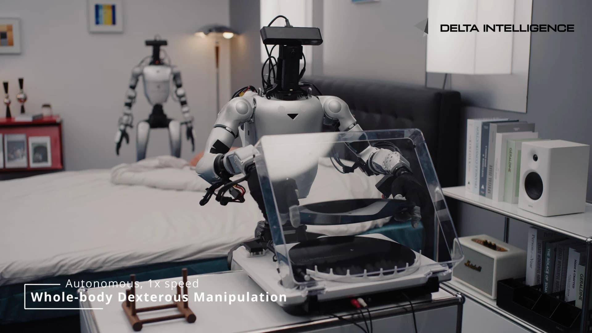 A humanoid robot holding a record above a turntable in a furnished demonstration room.