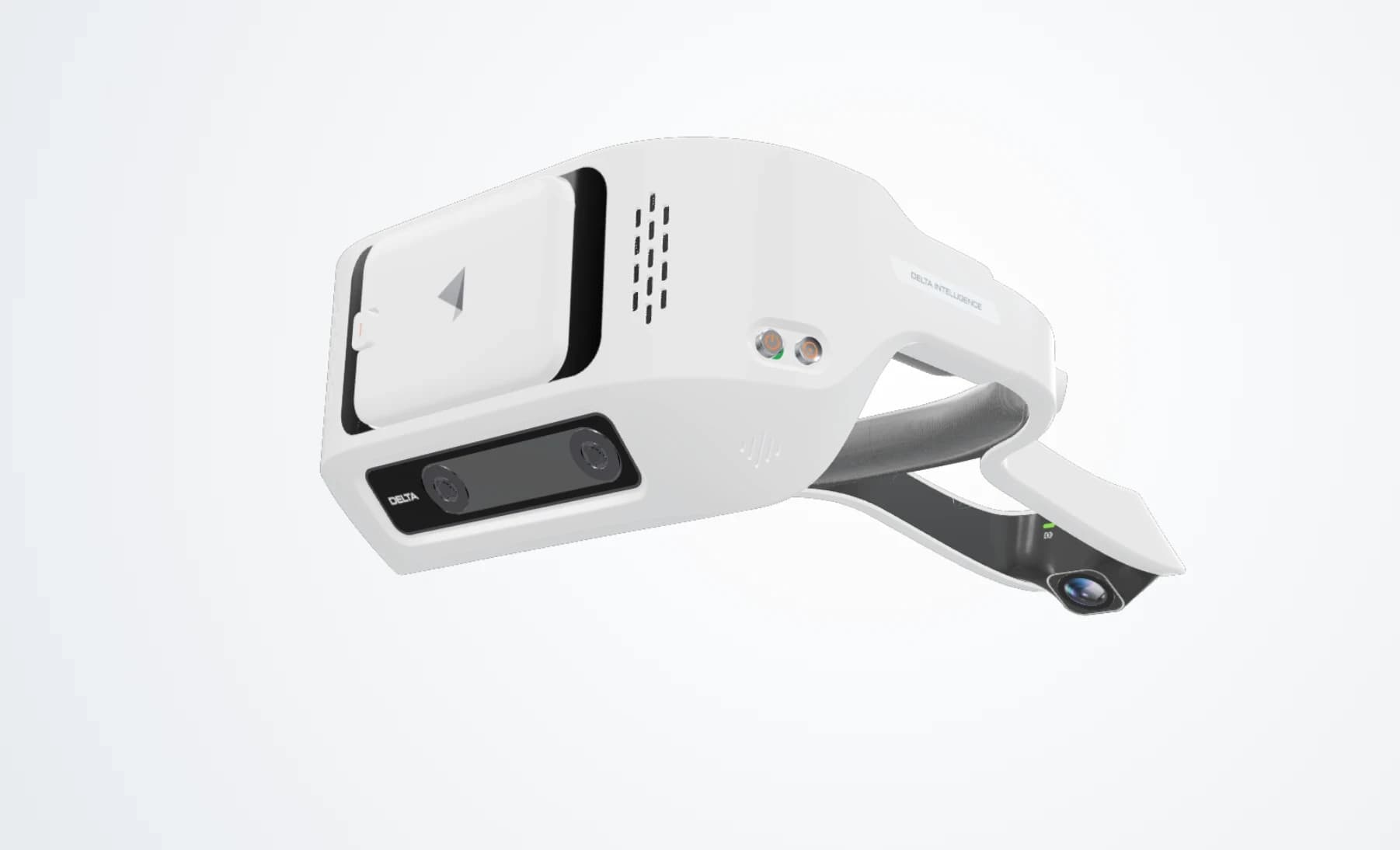 Three-dimensional rendering of Delta’s white D1 wearable data-capture device, with multiple cameras and a headband.