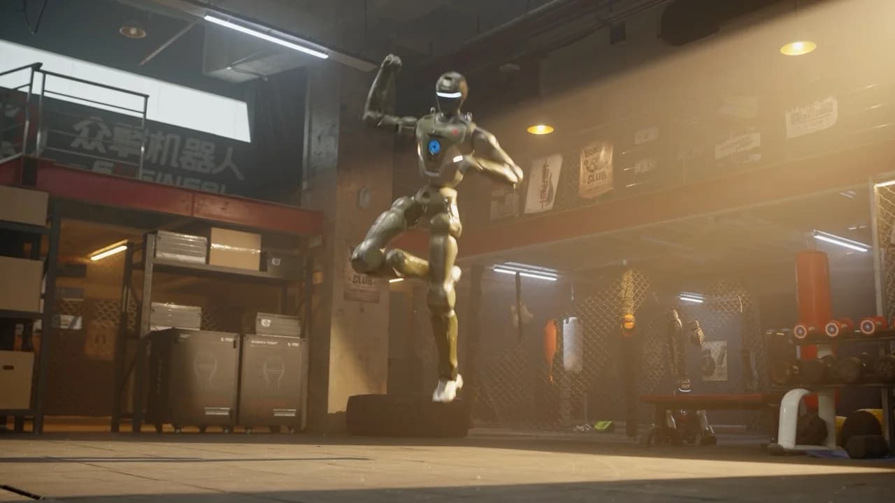 A humanoid EngineAI T800 robot mid-air, performing an explosive jumping kick in a gym setting illuminated by dramatic sunbeams.