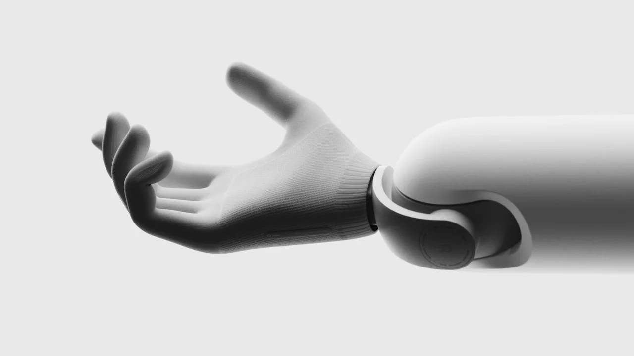 A close-up of Genesis AI's robotic hand, featuring a soft, grey fabric-like covering over articulated fingers, extending from a sleek white robotic arm against a light background.