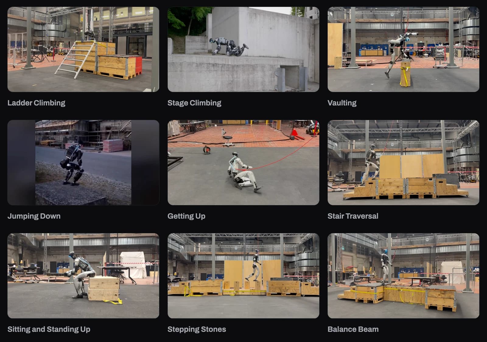 Nine ACP skill demonstrations: ladder climbing, stage climbing, vaulting, jumping down, getting up, stair traversal, sitting and standing, stepping stones and a balance beam.