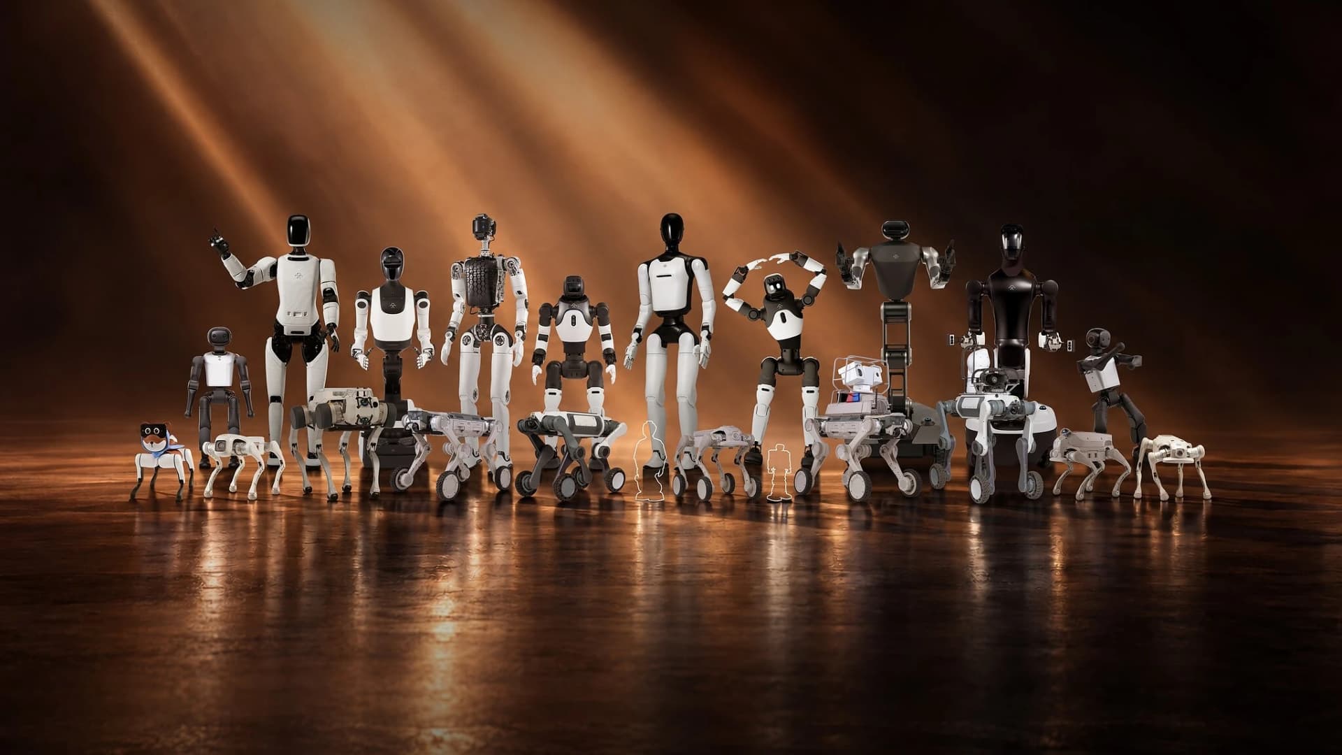 Faraday Future promotional lineup featuring humanoid, wheeled and quadruped robots against an amber-lit background.