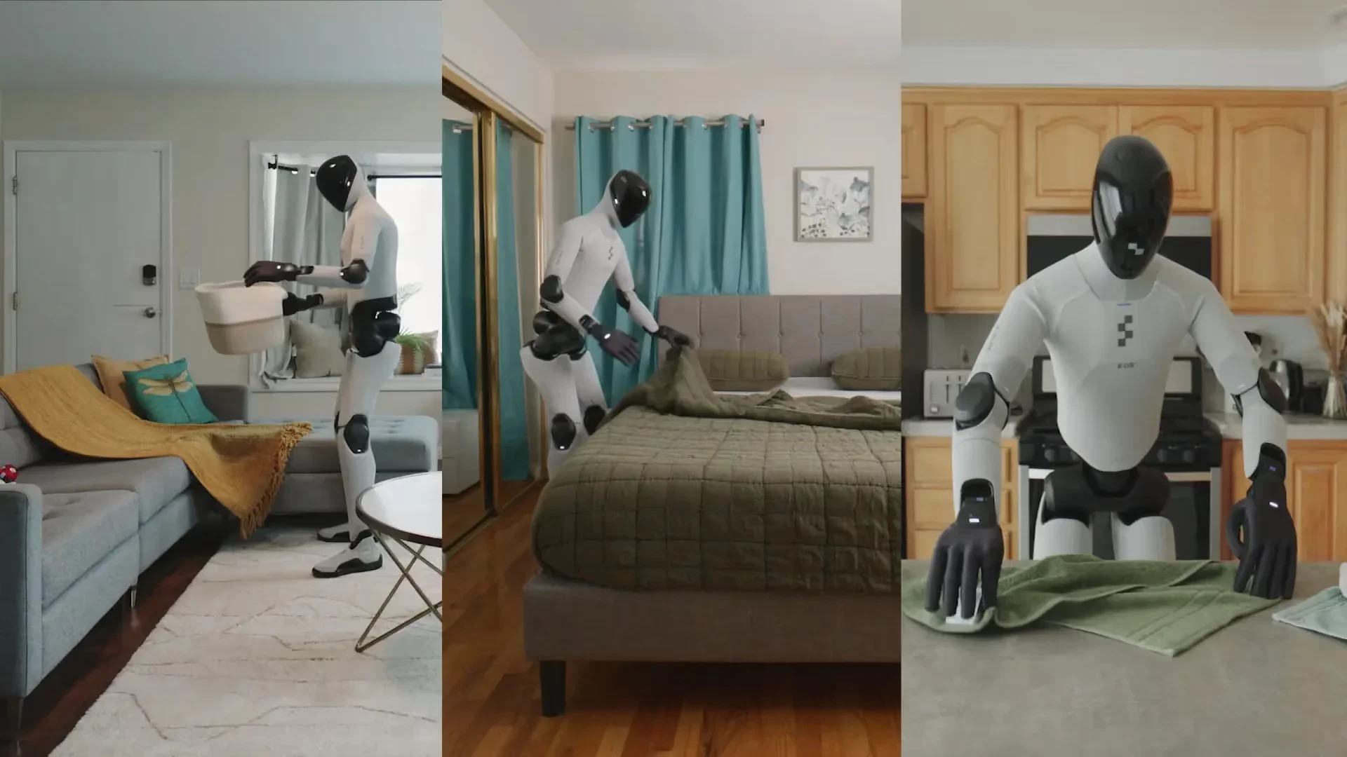 Three panels of Figure 03 at work in homes: carrying a basket in a living room, making a bed and folding a towel in a kitchen.