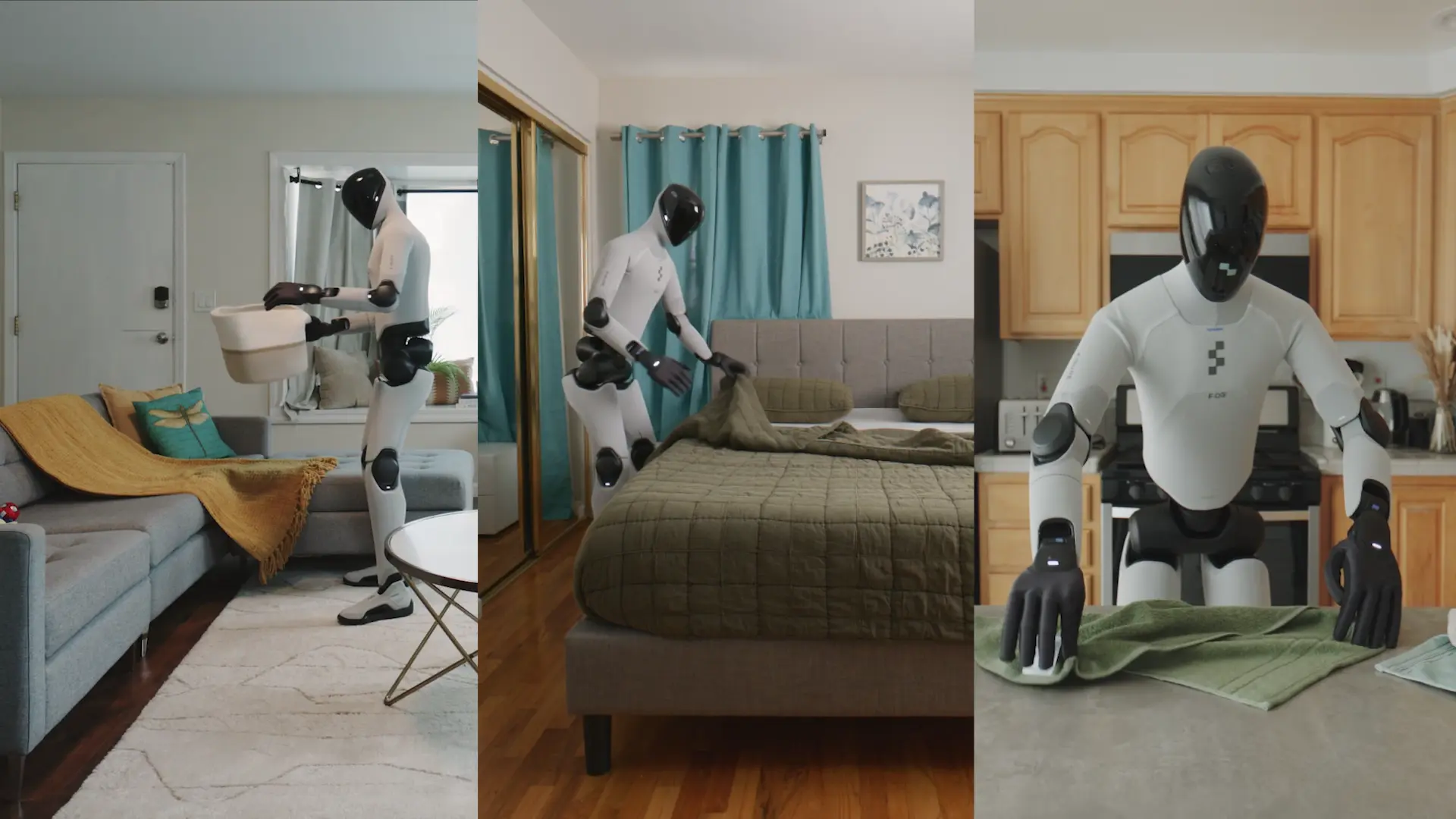 Three-panel view of Figure 03 tidying a living room, making a bed and folding a towel.
