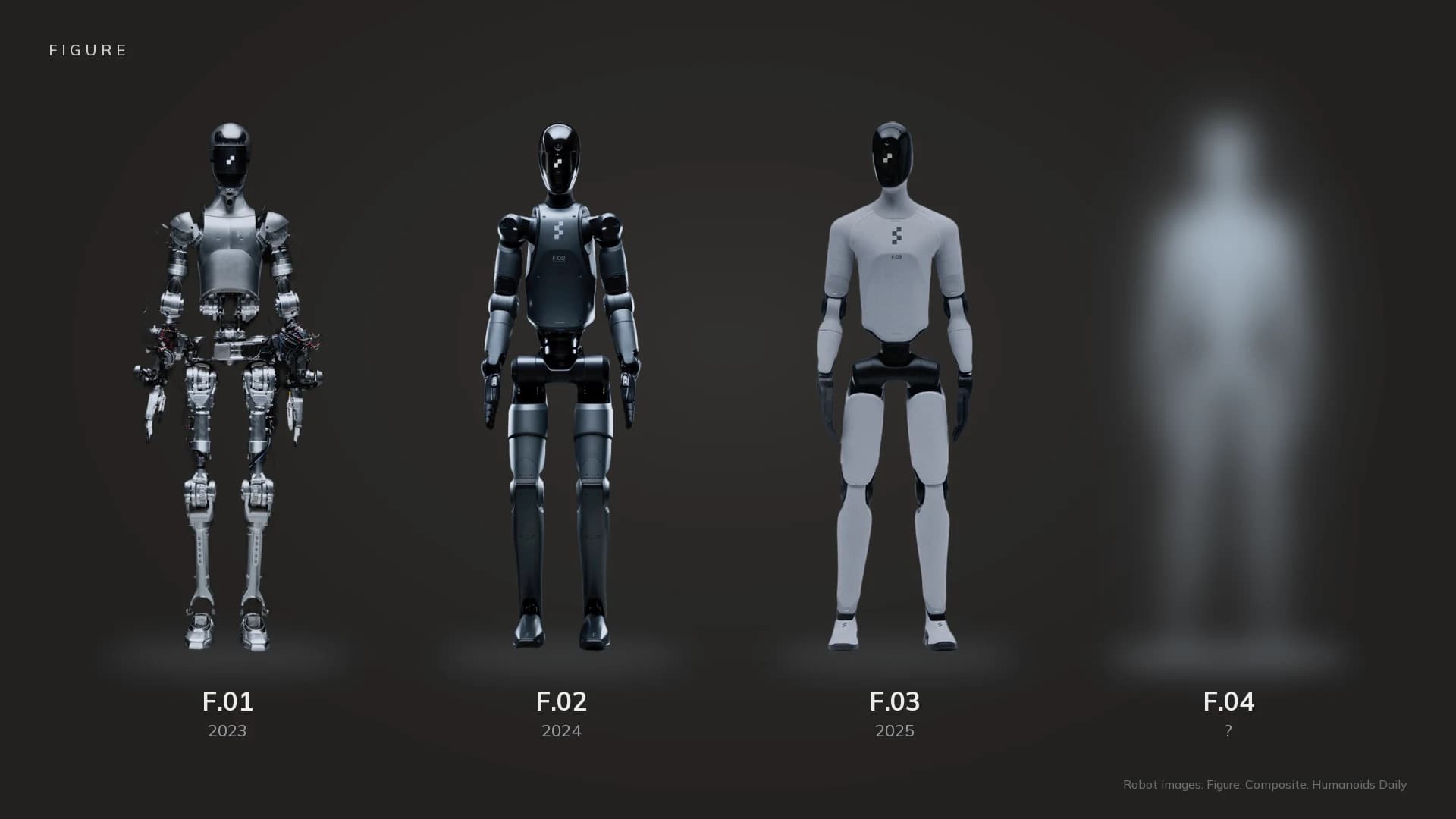 Figure’s F.01, F.02 and F.03 humanoids side by side on a dark stage, with a blurred silhouette labeled F.04.