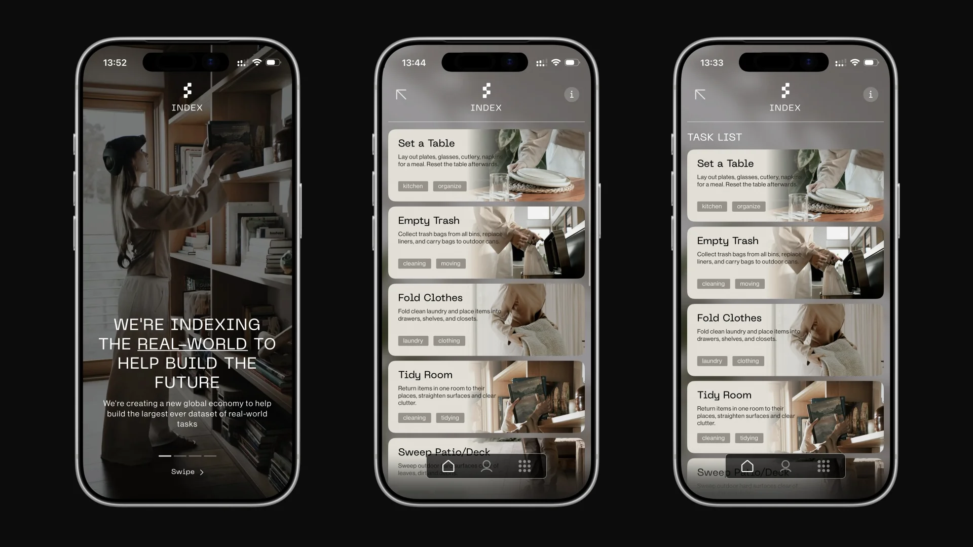 Three smartphone screens showing the user interface of Figure's Index app, featuring a welcome screen and a list of physical tasks like Set a Table, Empty Trash, Fold Clothes, and Tidy Room.