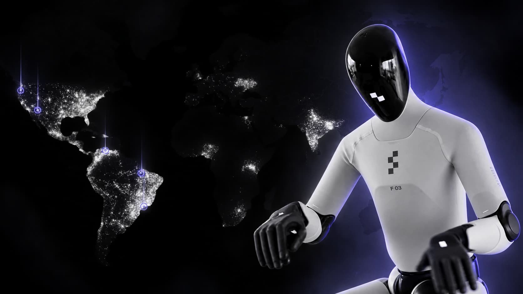 Editorial collage of a white Figure 03 humanoid in front of a dark world map dotted with lights, representing Index data contributions.