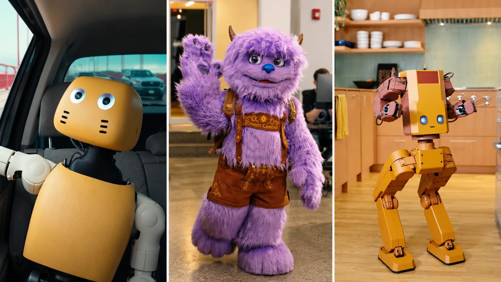 Three-panel editorial collage of Lightberry’s yellow Lumi, Dynamic Creatures’ purple furry Hugo and Tuesday Labs’ yellow Voxel.