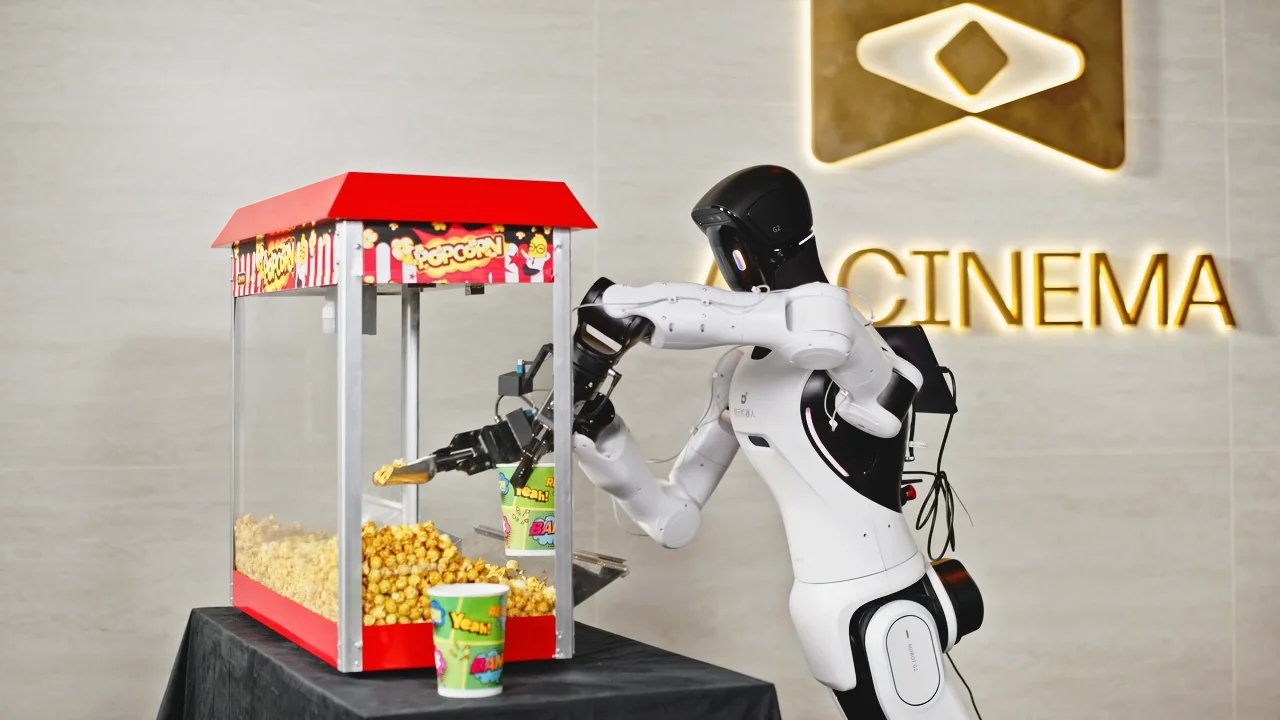 A white AGIBOT G2 humanoid robot using a metal scoop to serve popcorn from a glass machine into a colorful cup within a commercial cinema environment.