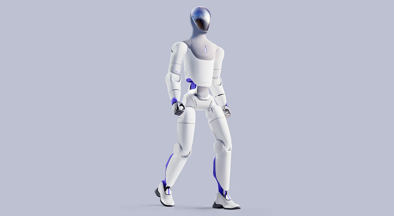 Galbot ET1 humanoid robot with white body panels and purple accents against a pale grey background.
