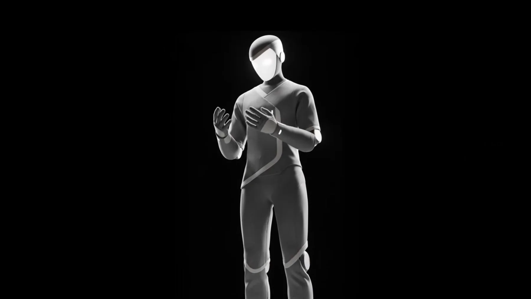 A render of UMA's Northstar humanoid against a black background, standing with both hands raised in front of its chest, its featureless head covered by a smooth pale visor and its body wrapped in a soft light-grey shell cut like a wrap-front tunic and trousers, with five-finger hands and narrow bands at the wrists.