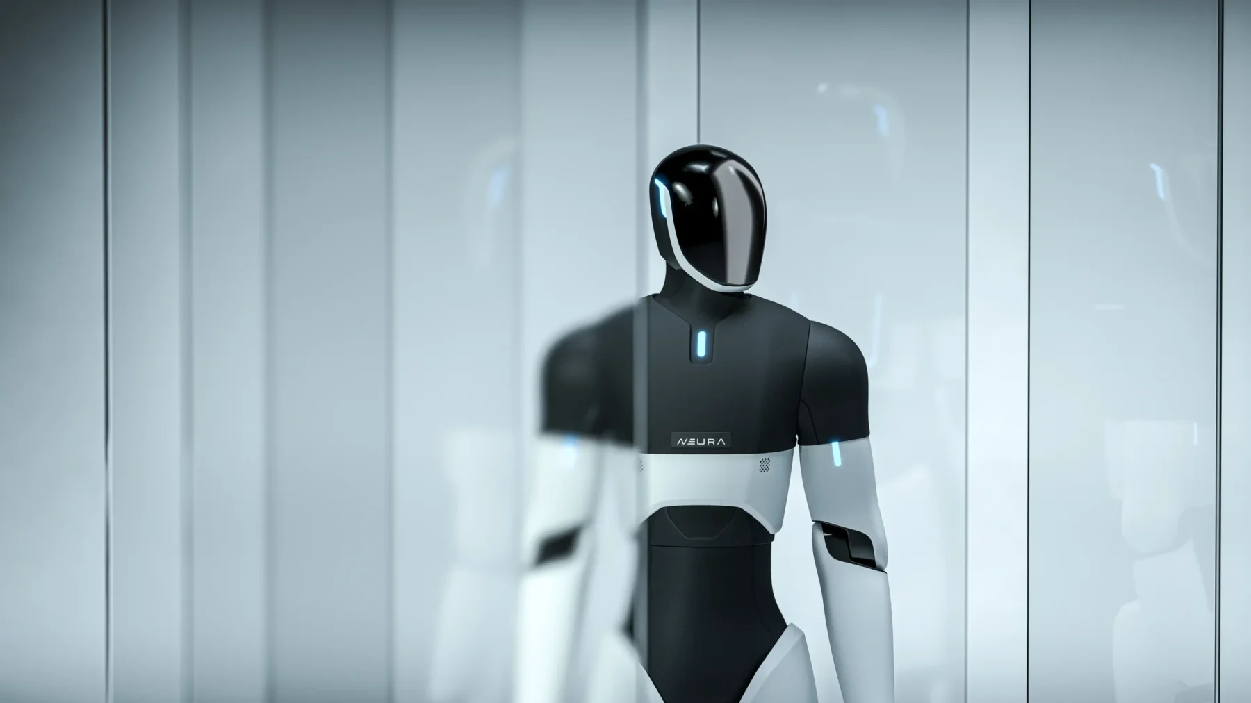 he NEURA 4NE1 Gen 3.5 humanoid robot shown from the chest up in three-quarter view, with a featureless glossy black visor for a head, a dark torso carrying the white NEURA wordmark, white limb panels and pale blue light strips at the sternum and upper arm, reflected in a wall of ribbed frosted glass behind it.