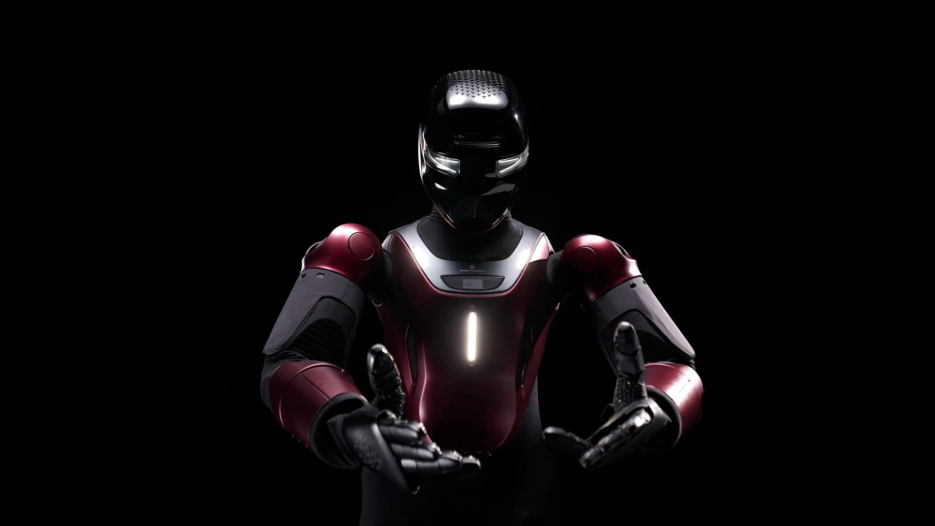 A close-up, mid-shot of the GENE.01 humanoid robot with its arms slightly outstretched. The robot's deep red and black upper torso is visible, highlighting a central vertical glowing strip on the chest and textured gripping surfaces on its hands.