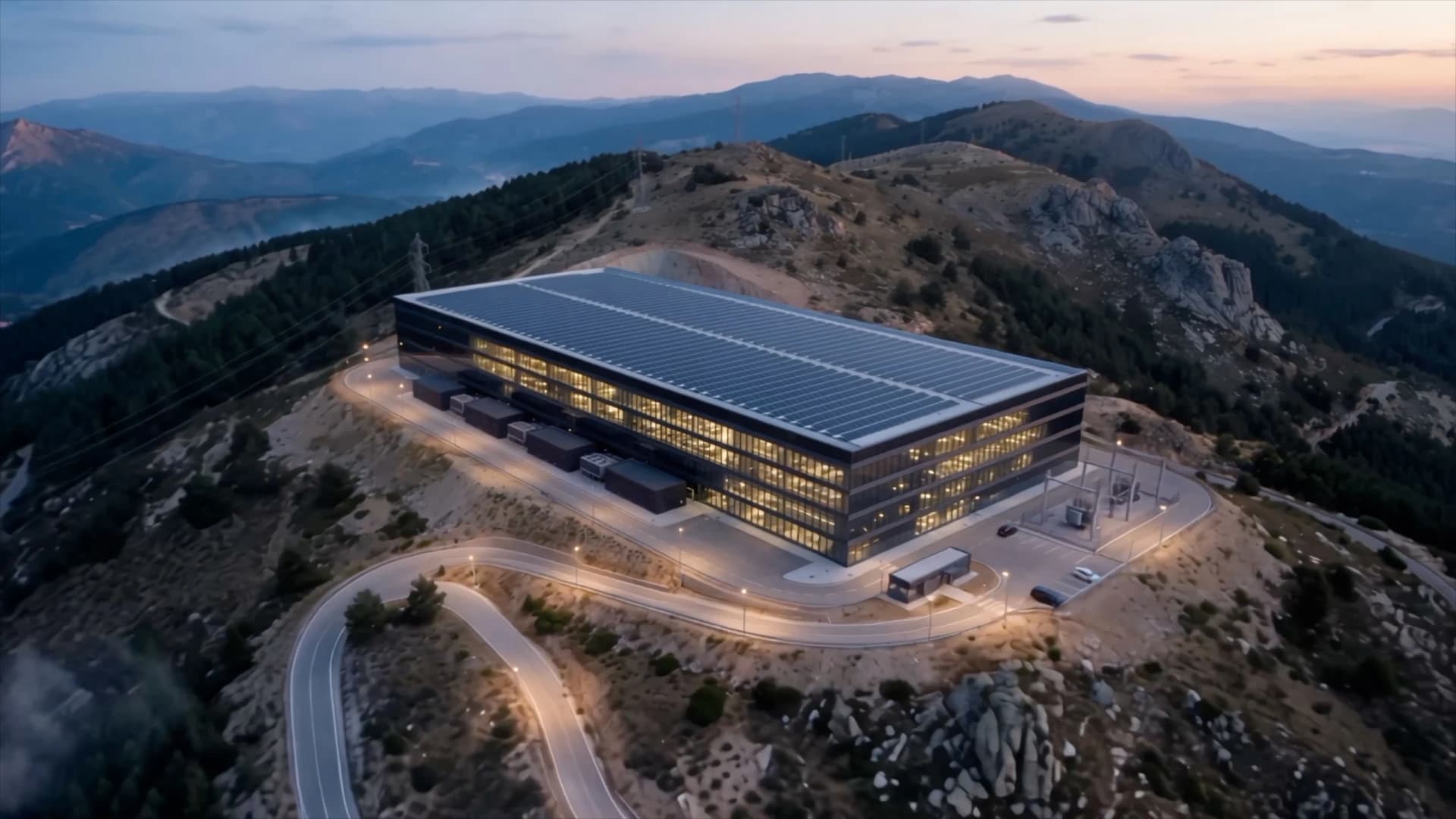 Illustration of a large facility with rooftop solar panels in a mountainous landscape at dusk.