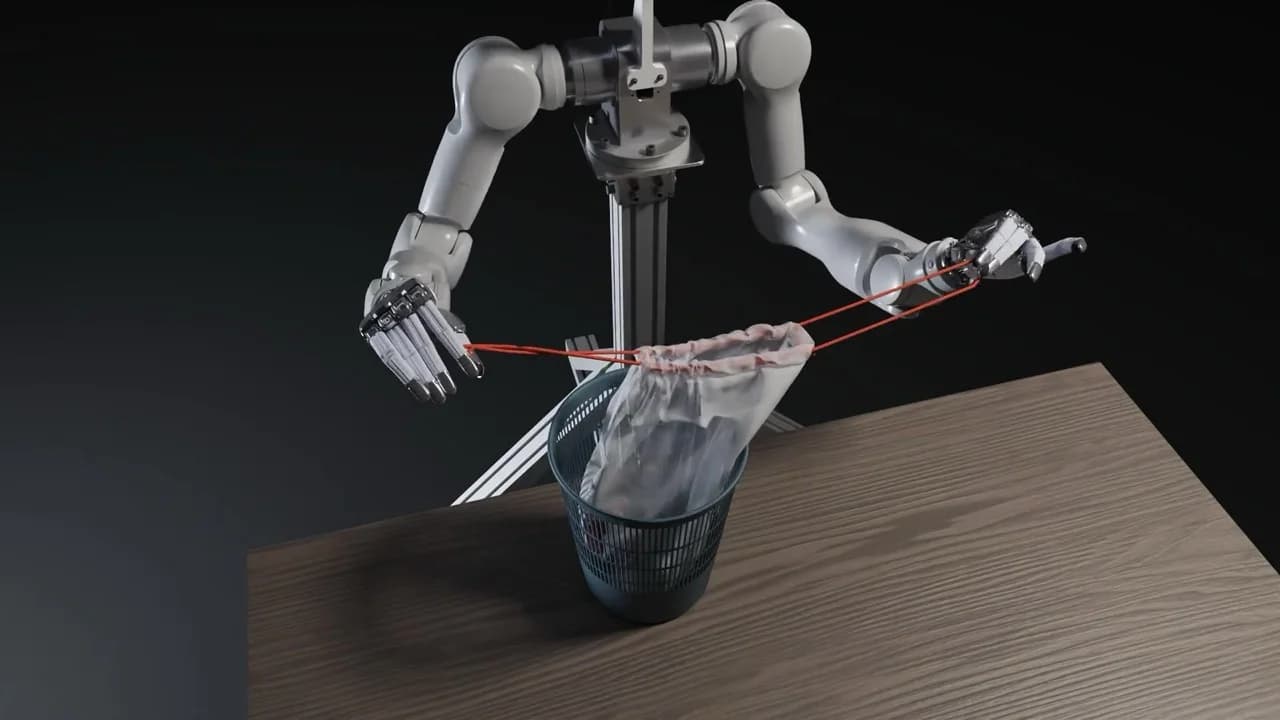 A digital render of a robot with highly articulated hands delicately stretching the thin red drawstrings of a sheer mesh bag above a wastebasket.