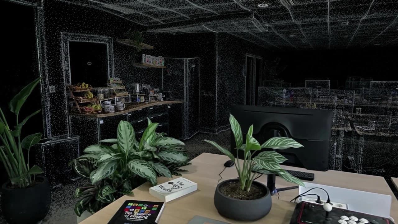 A partially rendered 3D office environment displaying point cloud data mixed with path-traced lighting on plants, books, and a desk, illustrating the underlying geometry of the simulation.
