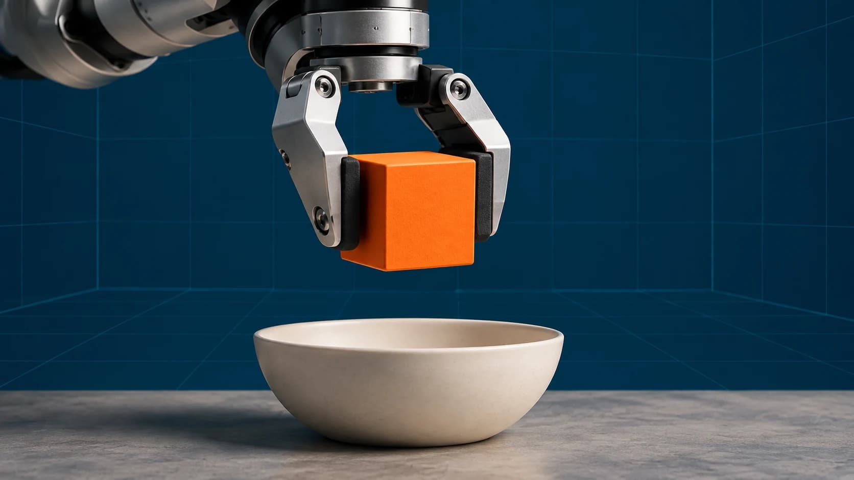 Editorial illustration of a silver robot gripper holding an orange cube above a bowl against a blue simulation grid.