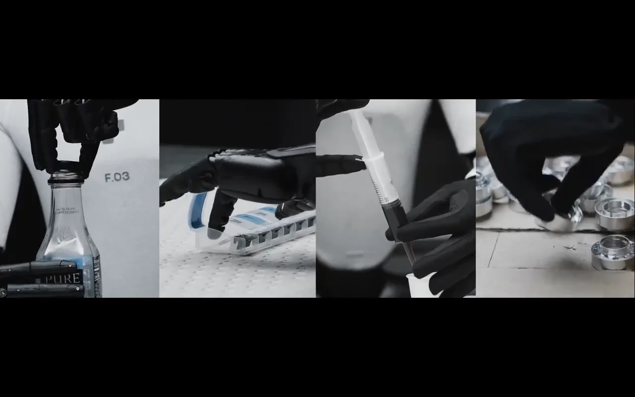 A four-panel montage showing the Figure 03 robot's hands performing precision tasks: unscrewing a bottle cap, extracting a pill from an organizer, pushing a syringe plunger, and picking a metal component from clutter.