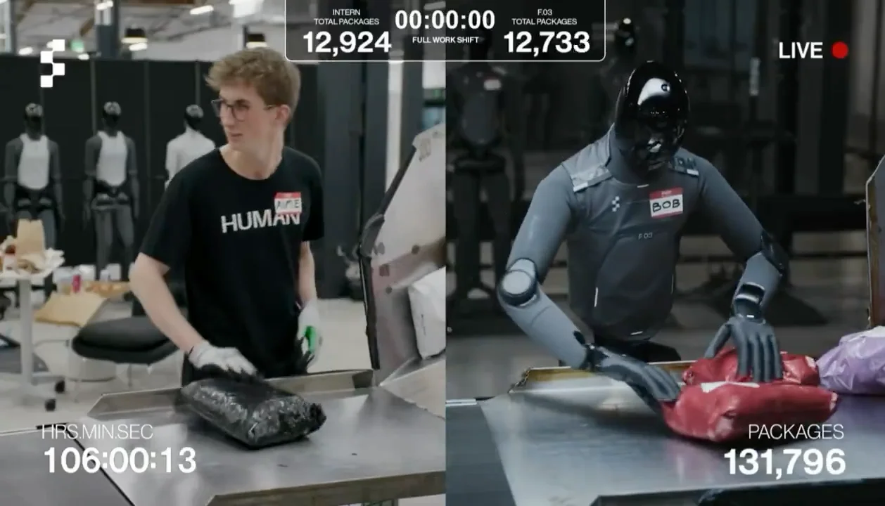 A split-screen screenshot from the Figure AI live video feed. The left side shows the human intern, wearing a black 'HUMAN' t-shirt and a name tag reading 'AIME', moving a black package. The right side shows the Figure 03 robot, wearing a 'BOB' name tag, picking up a red package. Top overlays display final shift totals of 12,924 packages for the intern and 12,733 for the robot, while bottom tickers track the ongoing livestream at 106:00:13 with 131,796 total packages.