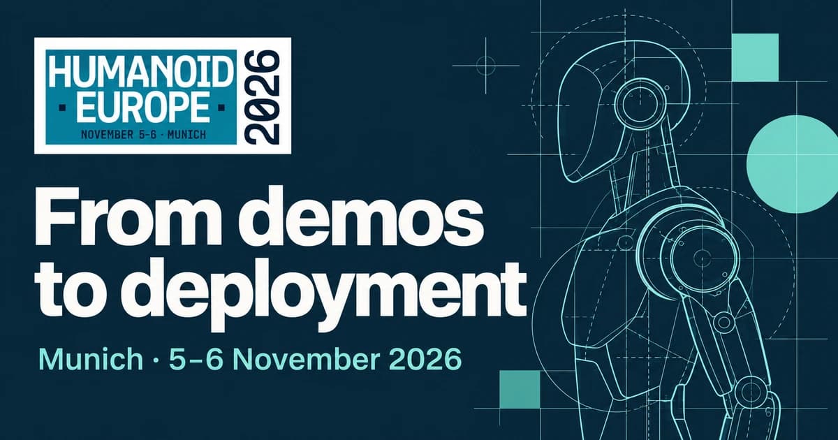 Humanoid Europe 2026: From demos to deployment. Munich, 5–6 November 2026. Navy and teal event graphic with an abstract robot blueprint.