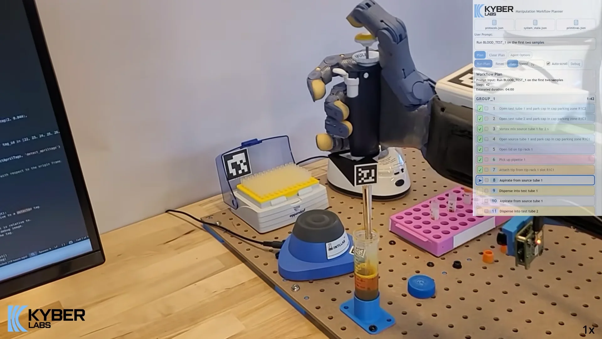 A screenshot of the Kyber Labs robotic hand performing a wet lab sequence. The blue, 20-DOF skeletal hand is shown holding a manual pipettor over a sample tube on a wooden pegboard bench. Various tools, including a vortex mixer and a pipette tip box, are marked with black-and-white AprilTags to facilitate high-fidelity localization. In the upper right corner, the "Manipulation Workflow Planner" UI displays a 42-step deterministic plan, with step 8, "Aspirate from source tube 1," highlighted as the active task.