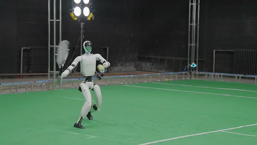 A sequential six-frame breakdown of a Unitree G1 humanoid robot executing a high-speed tennis return. The robot transitions through a full athletic swing, pivoting its torso and extending its arm to strike a yellow ball with a racket.
