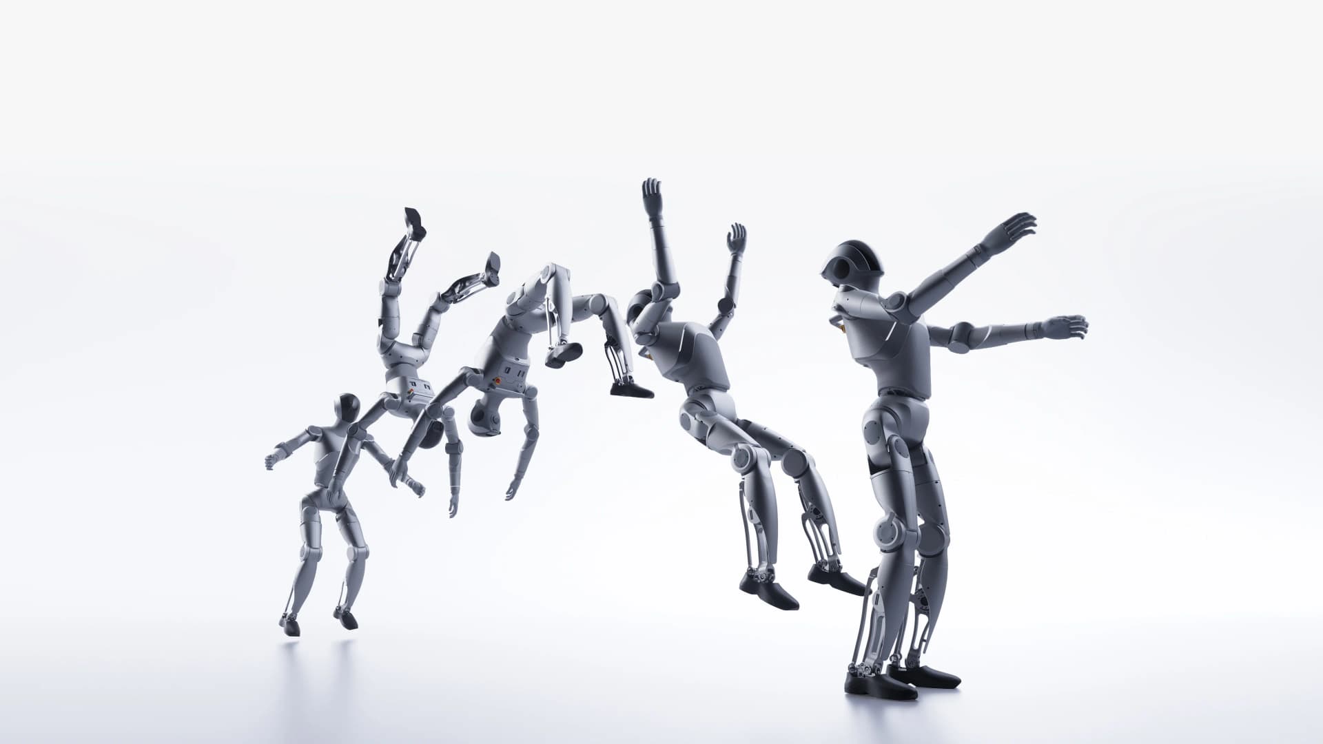 A time-lapse composite image of the LimX Luna humanoid robot performing a mid-air backflip against a bright white background, capturing five distinct stages of the dynamic motion.