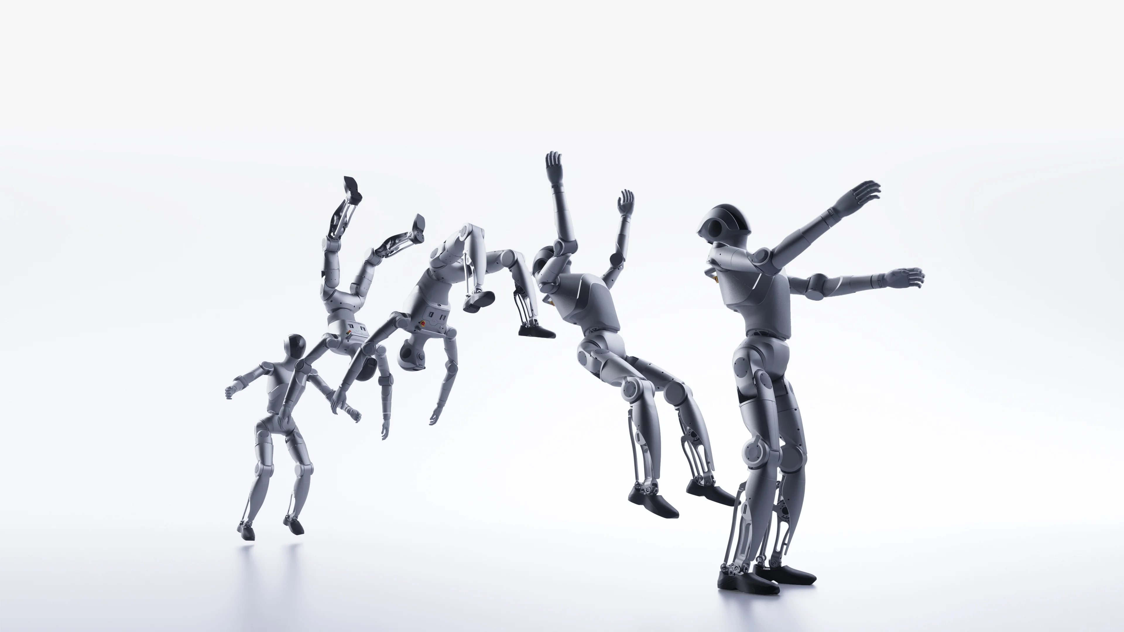 A time-lapse composite image of the LimX Luna humanoid robot performing a mid-air backflip against a bright white background, capturing five distinct stages of the dynamic motion.