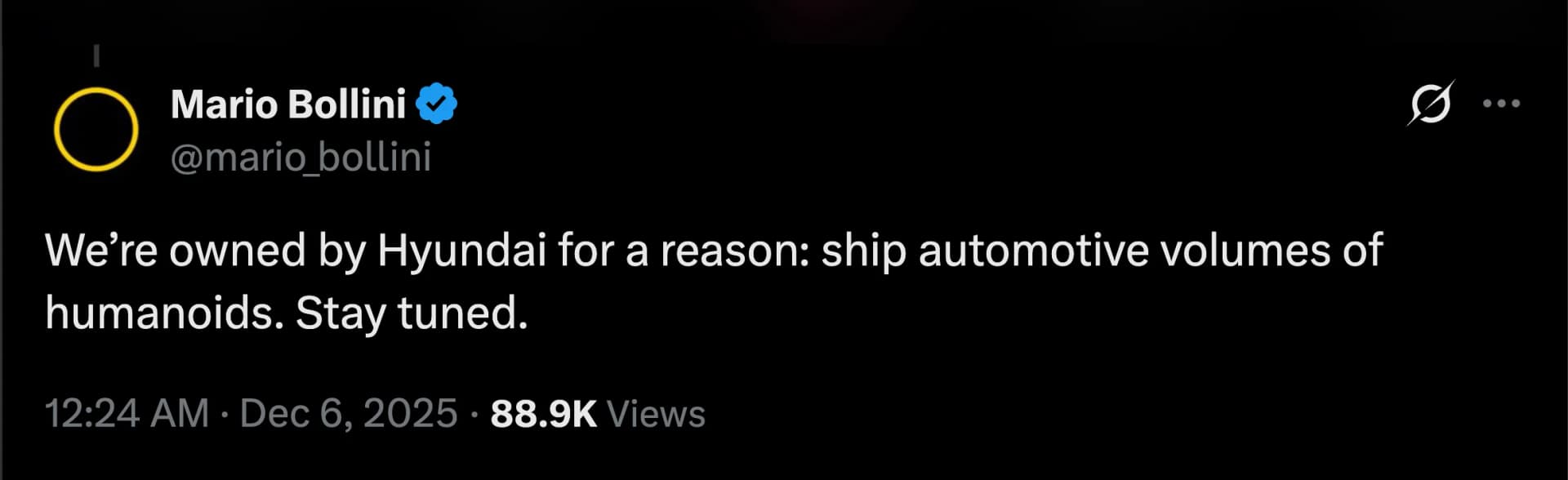 A screenshot of a post on X by Mario Bollini, dated December 6, 2025. The text reads: "We’re owned by Hyundai for a reason: ship automotive volumes of humanoids. Stay tuned."