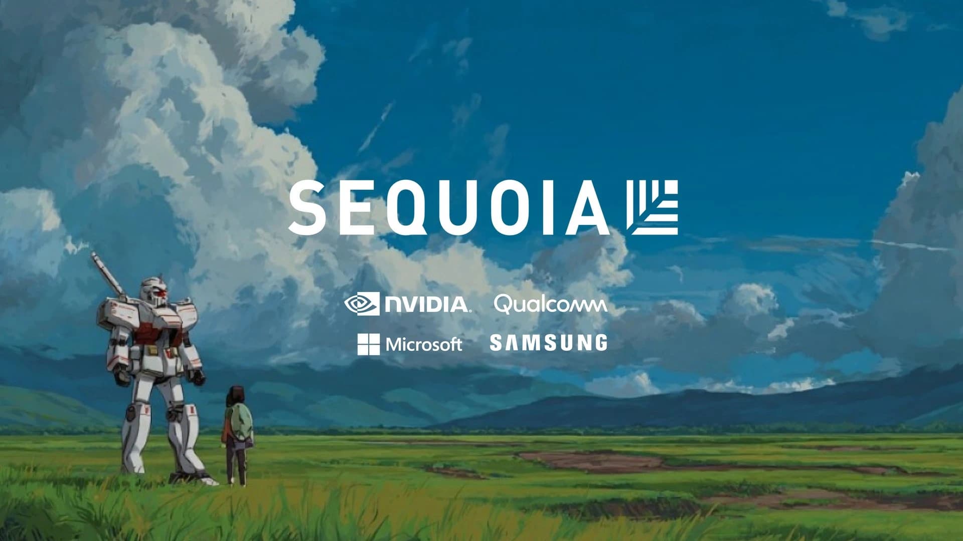 Mecka funding announcement illustration showing Sequoia, Nvidia, Qualcomm, Microsoft and Samsung logos above a landscape with a robot and a person.