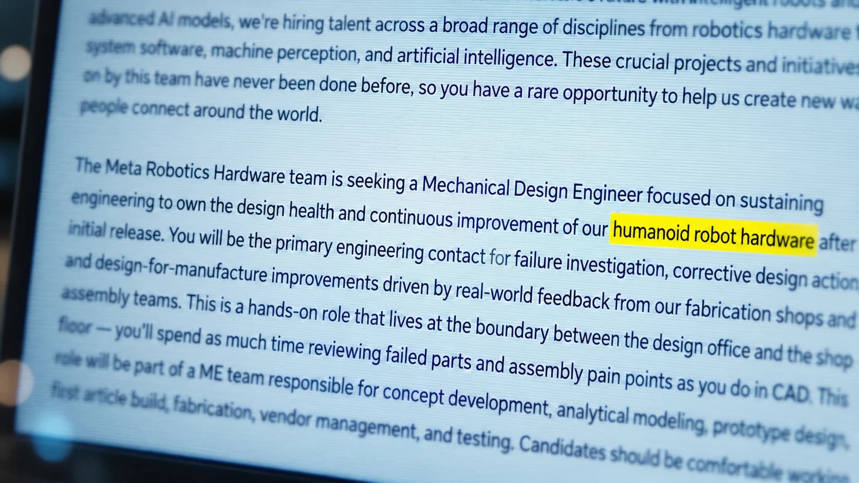 An angled view of Meta’s job listing with humanoid robot hardware highlighted in yellow.