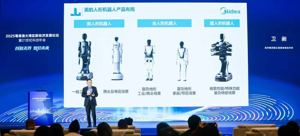 Midea Group CTO Wei Chang presenting on stage at the 2025 Greater Bay Area New Economy Forum. The slide behind him displays Midea's "Humanoid Robot Product Layout," categorizing machines into "Quasi-humanoid" for general industry, "Full Humanoid" for complex terrain, and the six-armed "Super Humanoid" for extreme performance.