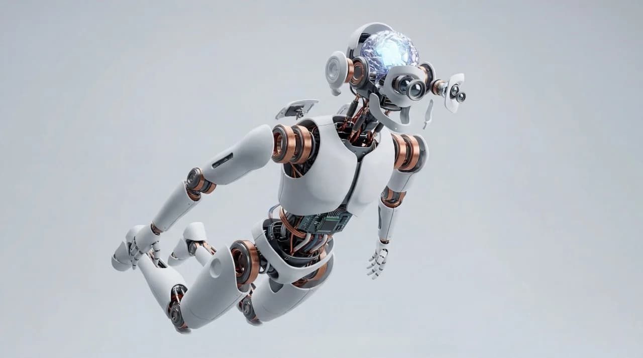 A stylized 3D illustration of a white humanoid robot in an exploded view, with its chassis floating apart to reveal internal components: a glowing blue brain structure, multi-lens camera eyes, and copper coil motors in the shoulder joints.