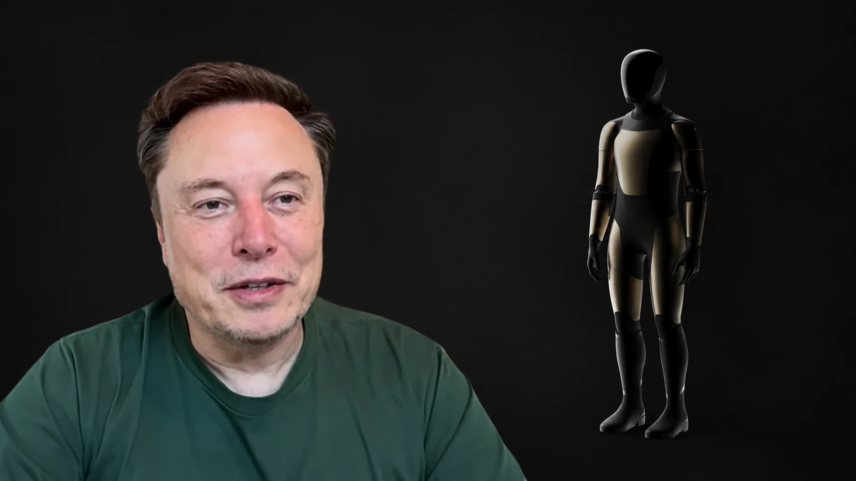 Editorial collage of Elon Musk during his X Takeover interview and a dimly lit Optimus render from the Tesla app.