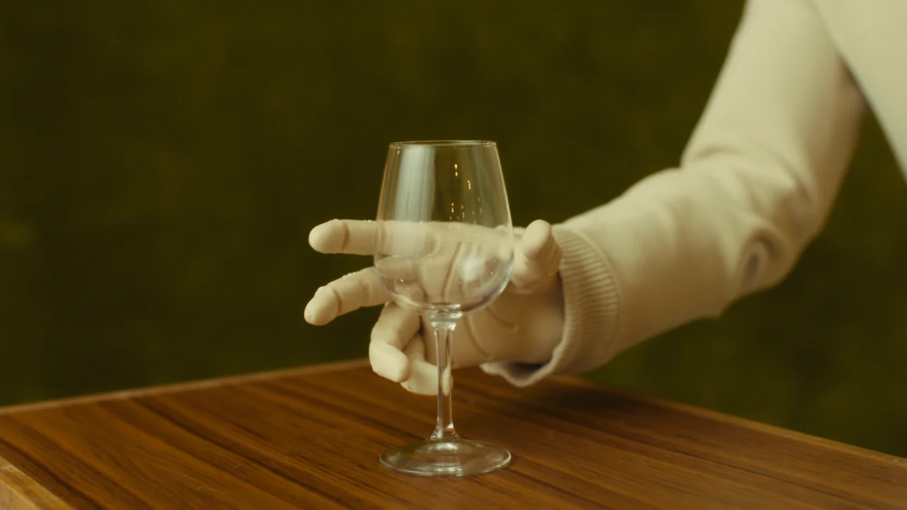 A robotic hand covered in a soft, white material delicately grasping the bowl and stem of an empty wine glass resting on a wooden table.
