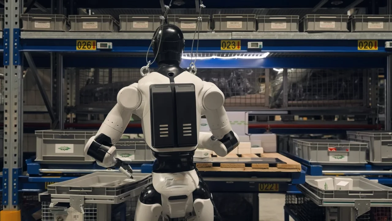 A rear view of the NEURA Robotics 4NE-1 humanoid robot, showing its white and grey chassis as it reaches into a blue industrial bin to perform a picking task. Tall warehouse shelving stocked with other bins is visible in the background.