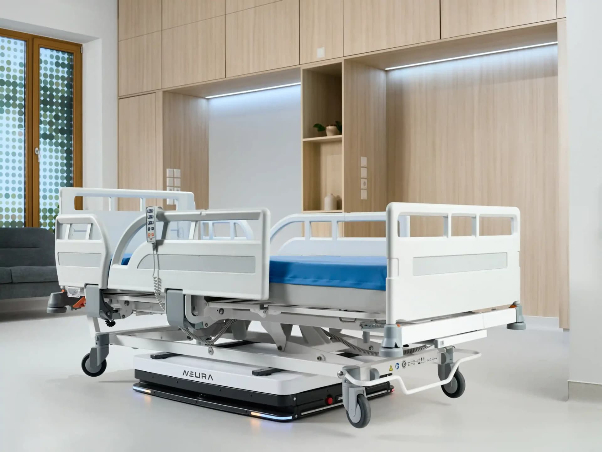 A low-profile NEURA mobile robot positioned beneath an empty hospital bed in a room with wooden cabinetry.