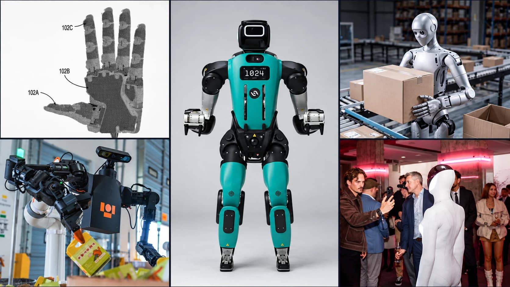 Five-panel collage featuring a tactile-sensor patent hand illustration, a teal humanoid, robots handling goods, and XPENG’s IRON at an event.
