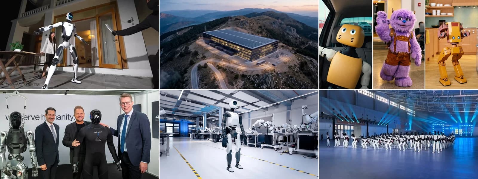 Six-panel collage featuring Unitree H2-X, a planned training facility, Lumi, Hugo and Voxel, NEURA at TUM, Agile ONE SN and AGIBOT’s robot dance.