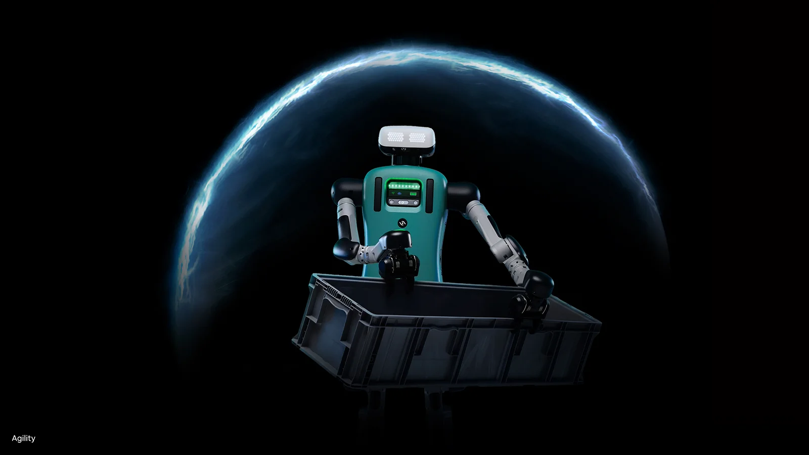 A humanoid robot with a teal torso, white sensor-array head, and articulated arms holds a grey industrial tote against a black background. A glowing blue energy arc, resembling a protective halo or shield, curves over and behind the machine.