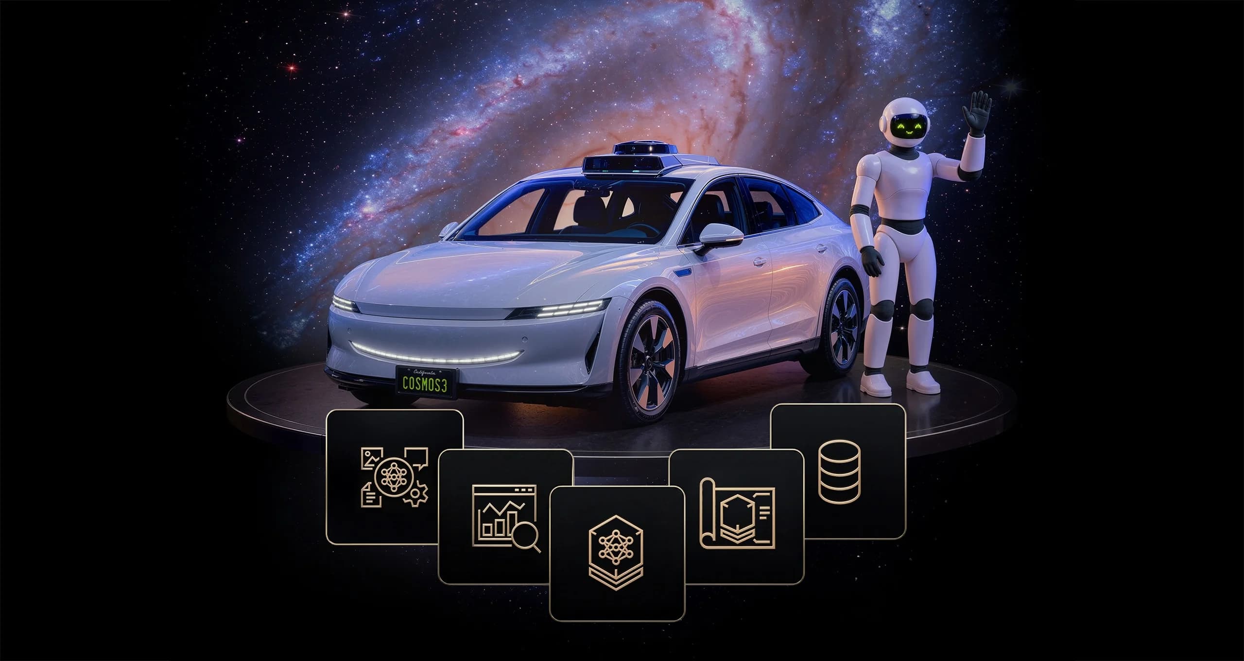A promotional graphic for NVIDIA Cosmos 3 featuring a white autonomous car with a roof-mounted sensor array and a 'COSMOS3' license plate, parked next to a white bipedal humanoid robot waving its hand. They stand on a dark circular platform against a glowing galaxy backdrop. In the foreground, five black square icons display gold line art representing neural networks, data analytics, 3D spatial reasoning, architectural planning, and database storage.