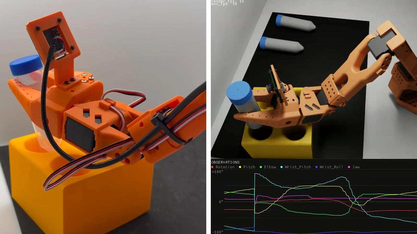 A side-by-side comparison showing an orange 3D-printed robotic arm manipulating a test tube. The left panel displays the physical robot in the real world with exposed wiring, while the right panel shows its exact digital twin performing the same task in a simulated environment, accompanied by a real-time telemetry graph tracking joint movements like rotation and pitch.