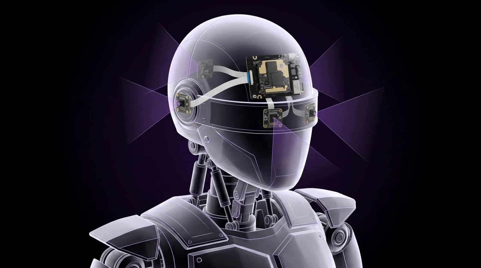 Cutaway illustration of a humanoid head with an OAK 4 FFC board and cameras connected by flexible cables.