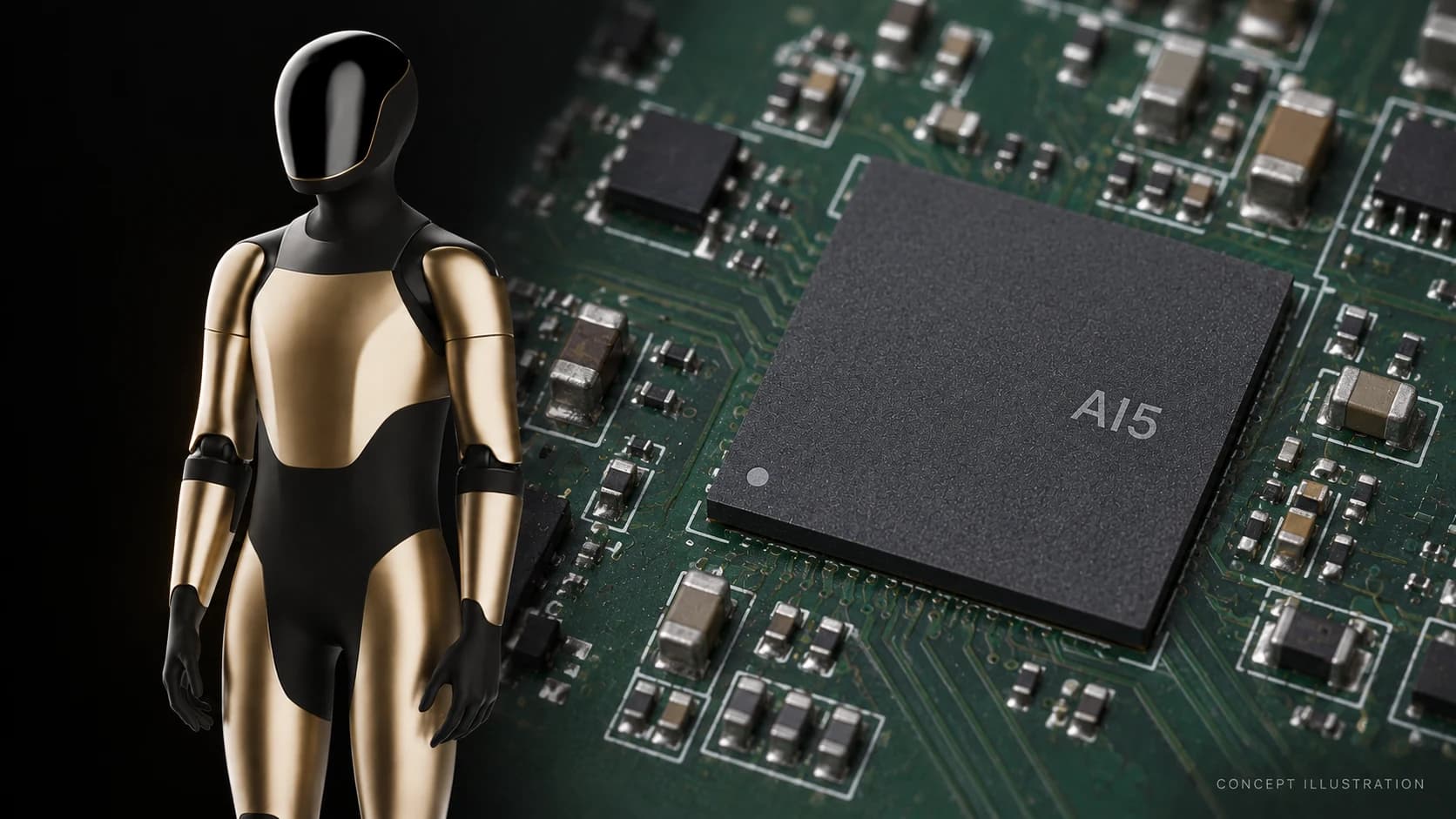 Editorial illustration pairing a gold-and-black Optimus robot with a conceptual AI5 chip on a green circuit board.