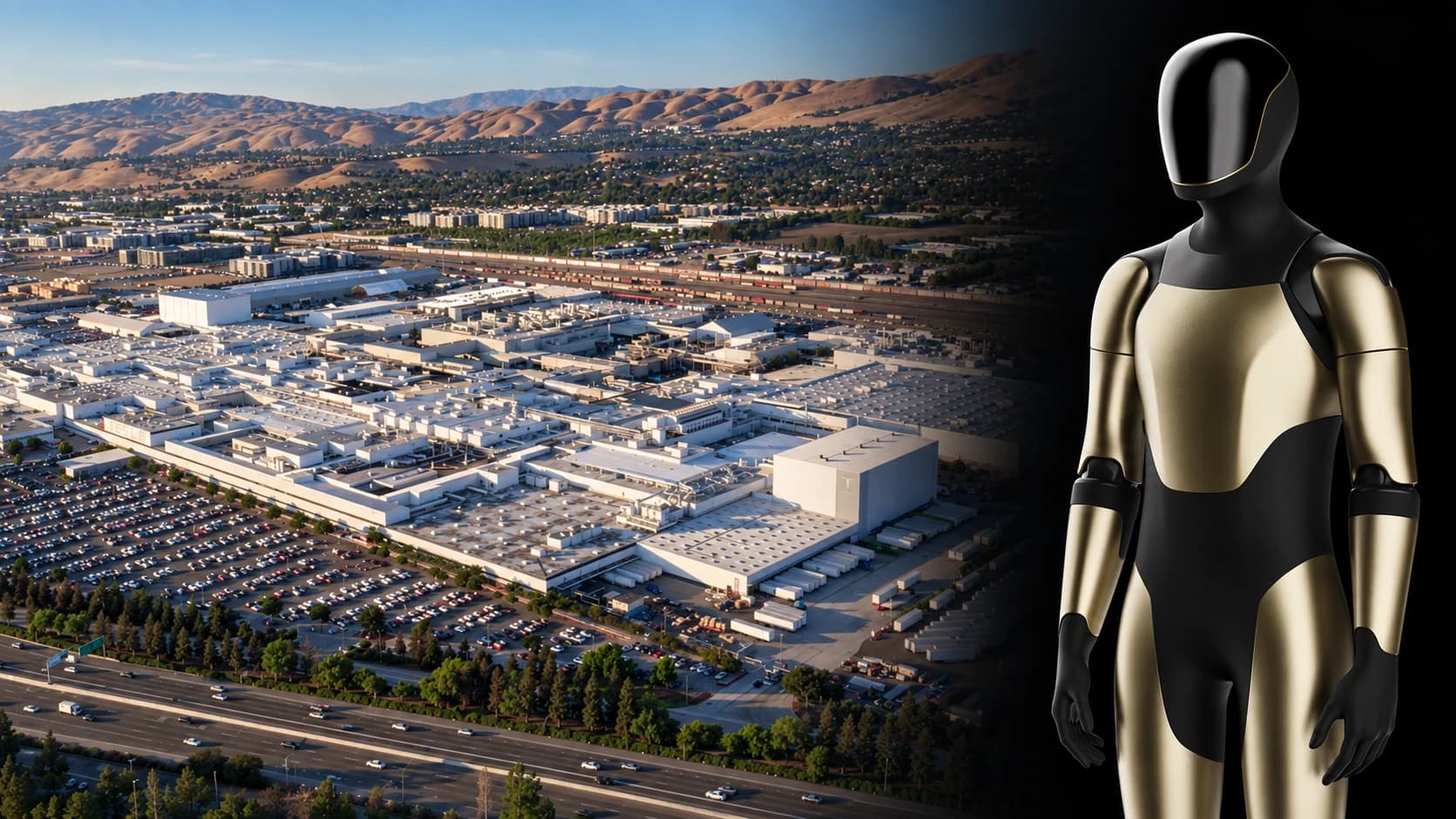 Editorial collage pairing an aerial view of Tesla’s Fremont factory with a gold-and-black Optimus robot render.