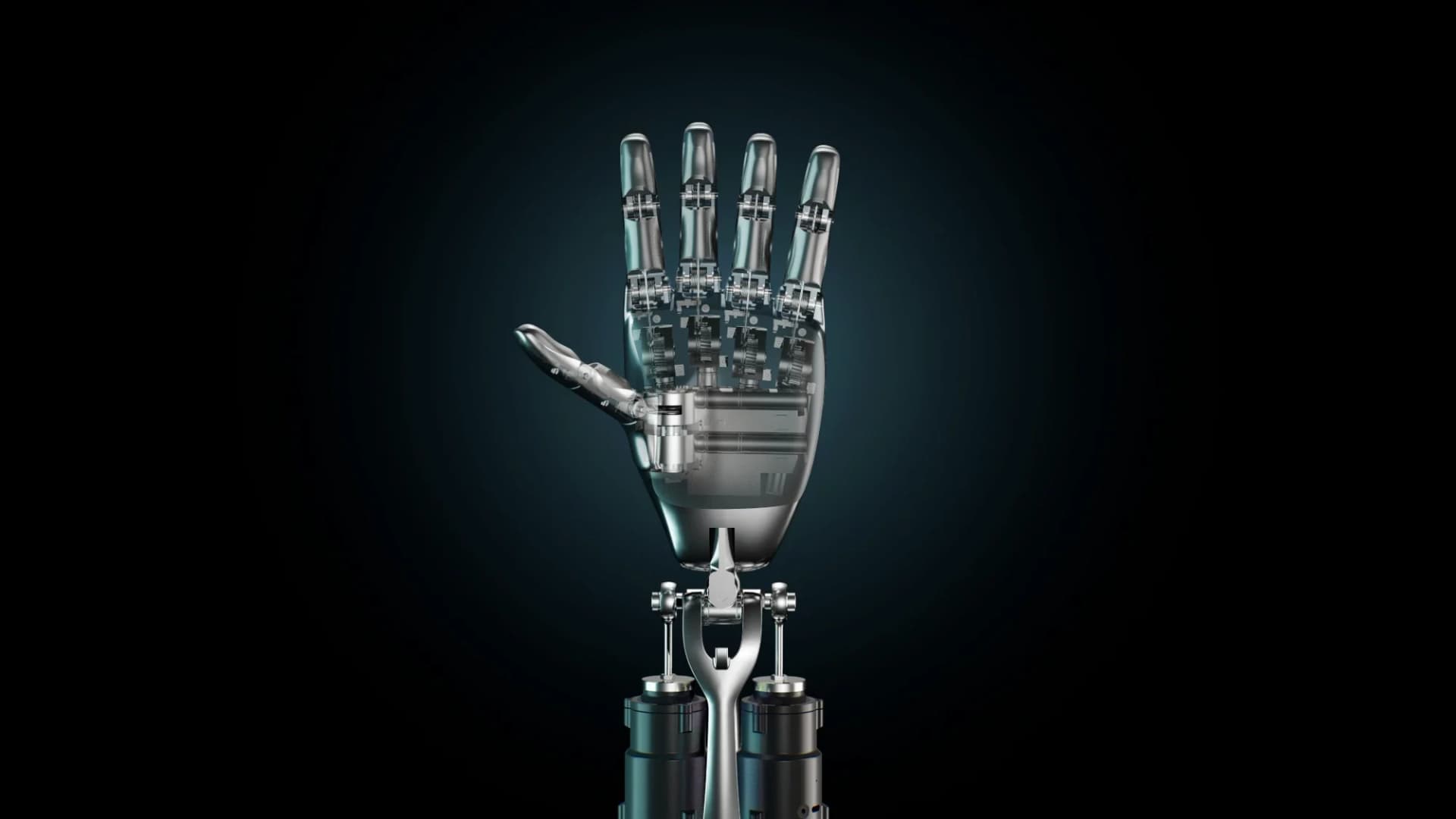 Render of a previous-generation Tesla Optimus hand with a partly transparent shell showing its internal mechanisms, mounted on a wrist assembly.