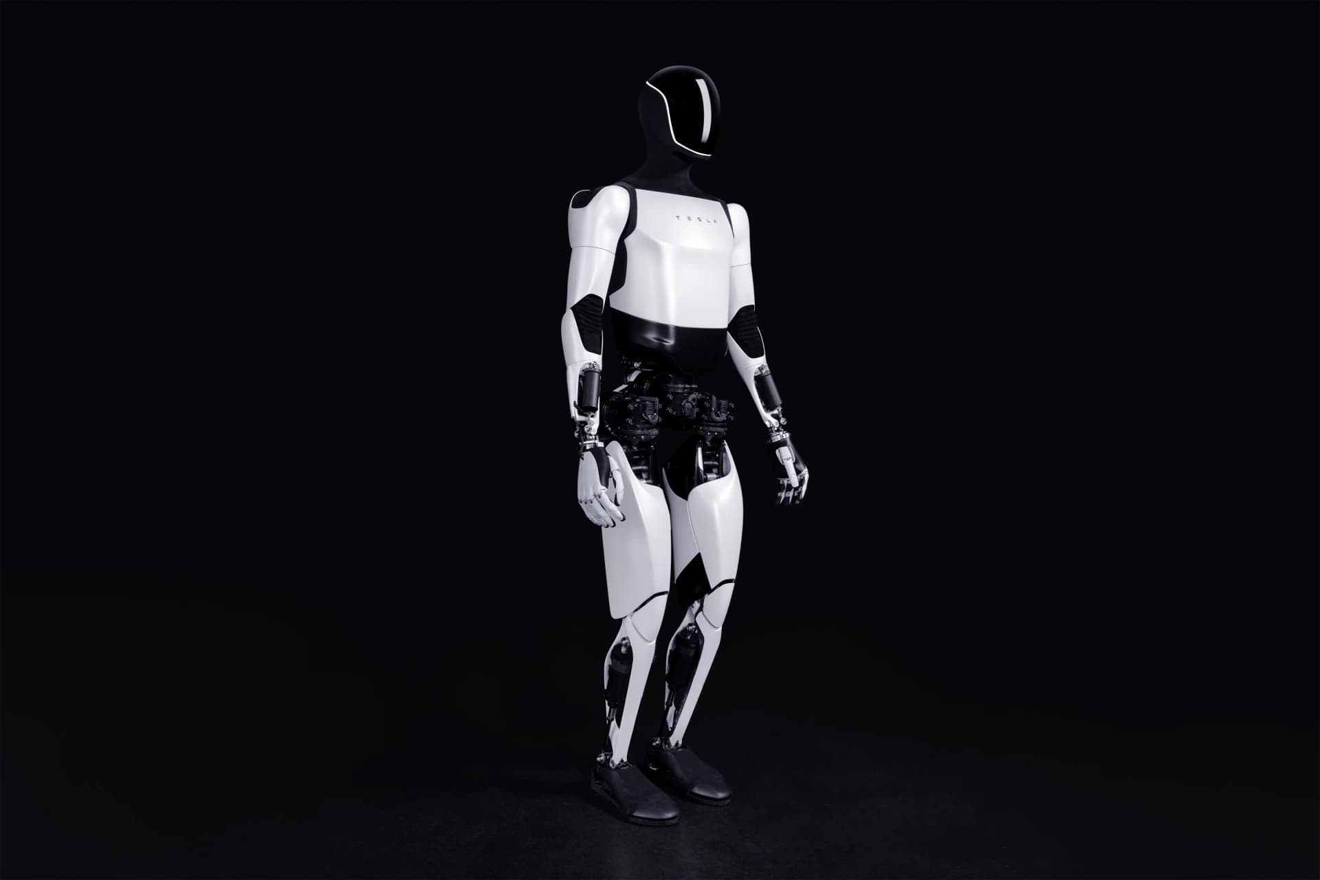 An Optimus prototype photographed against a black background in Tesla’s official media gallery.