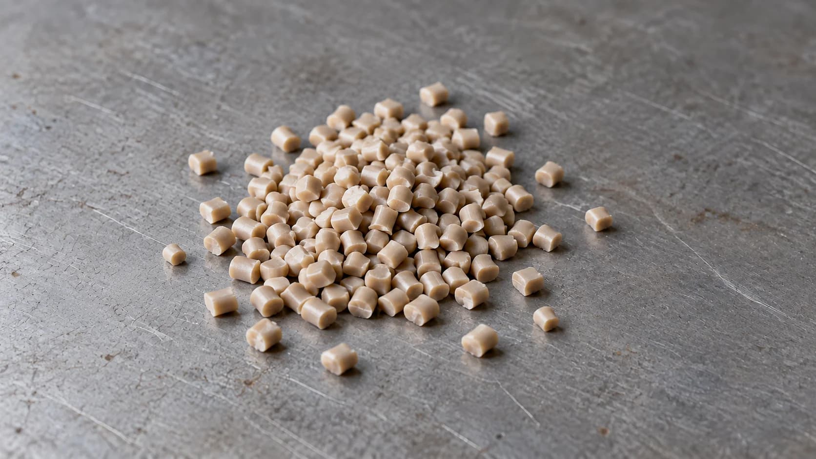 AI-generated illustration of beige polymer pellets on a gray workbench.