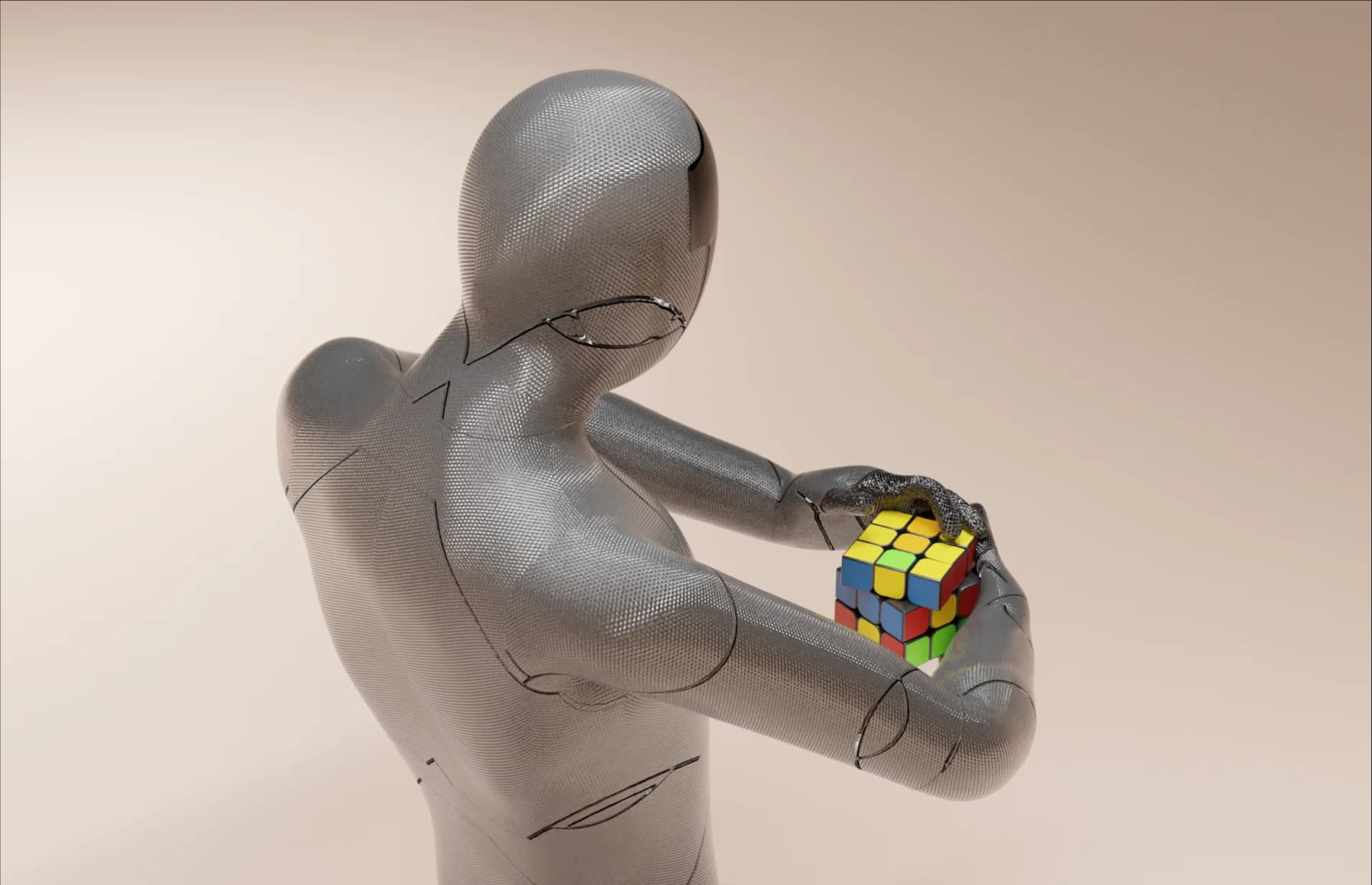 A computer rendition of Physical Robotics robot PI playing with a Rubiks cube
